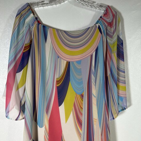 Trina Turk Amaris Rainbow Reflections Off Shoulder Shift Dress Womens Sz 2 NEW - Picture 11 of 16
